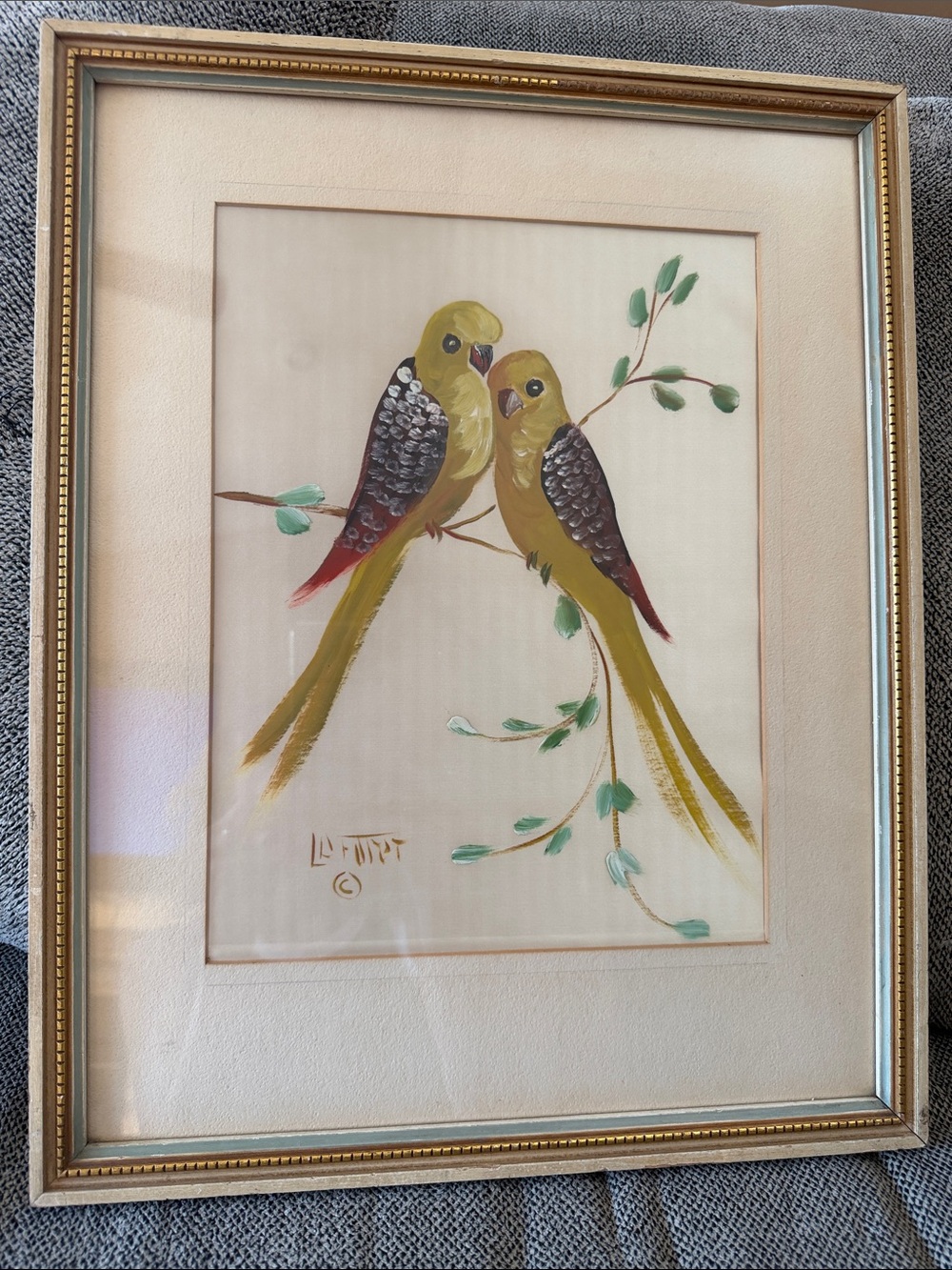 Henry LaForet Vintage Oil on Silk Yellow Parrot Pair Wall Art Print - Beautiful